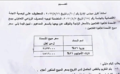 المصرف الزراعي يقرر إيقاف بيع الأسمدة للفلاحين بالسعر...